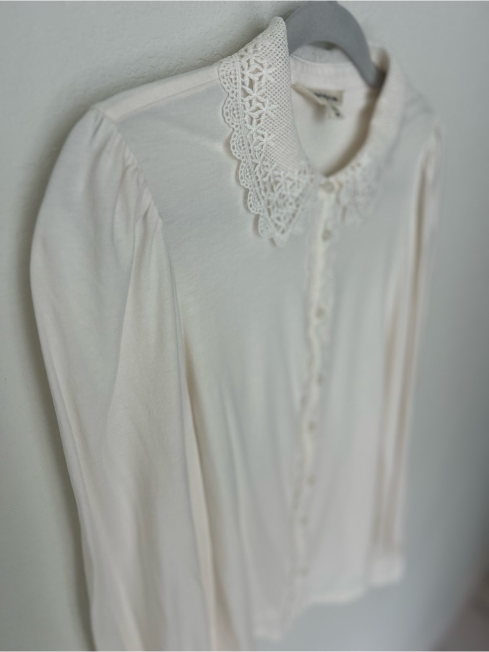 Boden Cream Lace-Collar Long-Sleeve Top